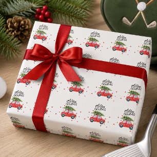 Merry Christmas red car with Christmas tree Wrapping Paper