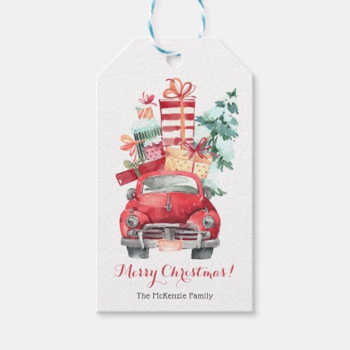 Merry Christmas _ Red Car with Presents Pine Tree Gift Tags