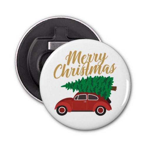 Merry Christmas Red Car With Tree  Holidays Bottle Opener