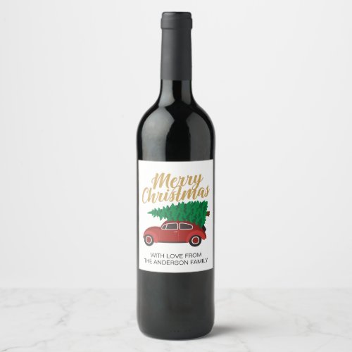 Merry Christmas Red Car With Tree Personalized Wine Label