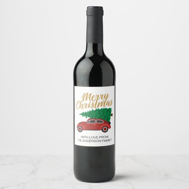 Merry Christmas Red Car With Tree Personalized Wine Label (Front)