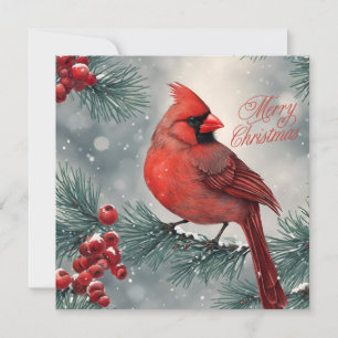 Merry Christmas Red Cardinal and Berries Holiday Card
