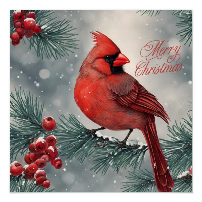 Merry Christmas Red Cardinal and Berries Poster (Front)
