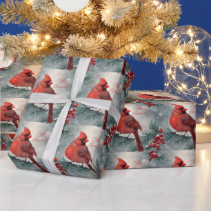 Merry Christmas Red Cardinal and Berries Wrapping Paper