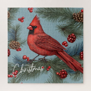 Merry Christmas Red Cardinal, Berries, Pinecones  Jigsaw Puzzle