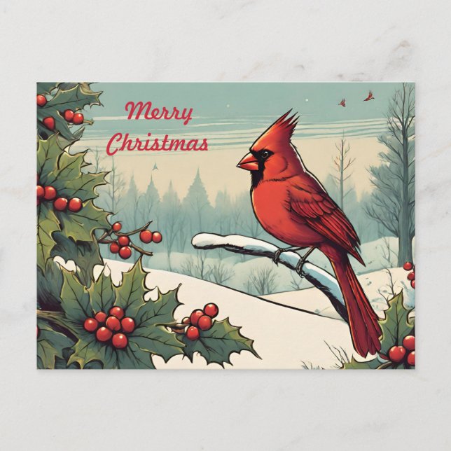 Merry Christmas Red Cardinal Bird and Holly Berry Holiday Postcard (Front)