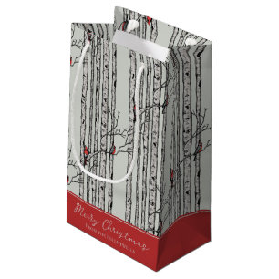 Merry Christmas Red Cardinal Bird & Birch Tree Small Gift Bag