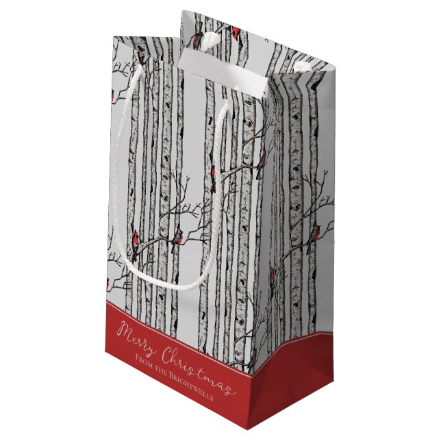 Merry Christmas Red Cardinal Bird & Birch Tree Small Gift Bag (Back Angled)
