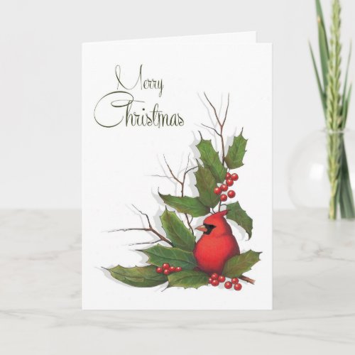 Merry Christmas Red Cardinal Bird Holly Berries Holiday Card