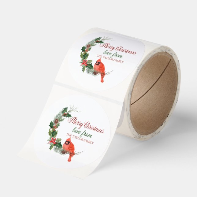 Merry Christmas,Red Cardinal Bird Holly Berry Classic Round Sticker (Roll)