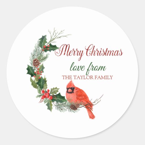Merry ChristmasRed Cardinal Bird Holly Berry Classic Round Sticker
