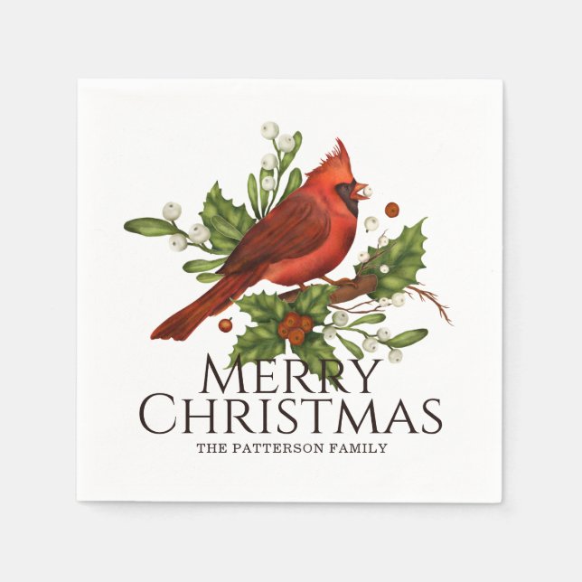 Merry Christmas Red Cardinal Holly Personalized Napkins (Front)