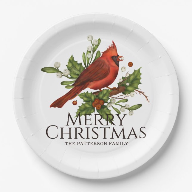 Merry Christmas Red Cardinal Holly Personalized Paper Plates (Front)