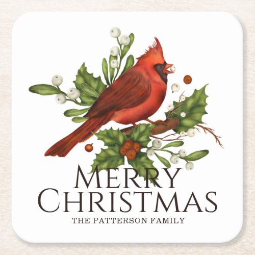 Merry Christmas Red Cardinal Holly Personalized Square Paper Coaster