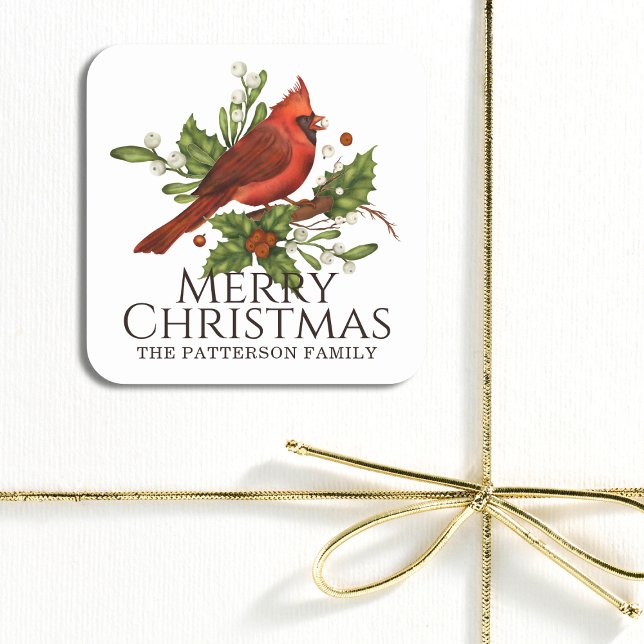 Merry Christmas Red Cardinal Holly Personalized Square Sticker (Creator Uploaded)