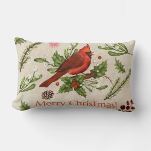 Merry Christmas Red Cardinal Lumbar Pillow