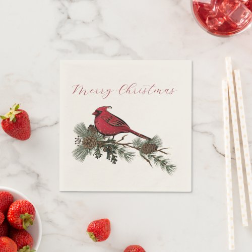 Merry Christmas Red Cardinal On A Branch Napkins