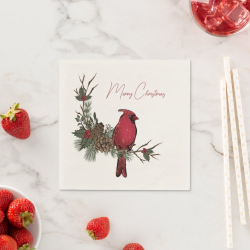 Merry Christmas Red Cardinal On A Branch  Napkins