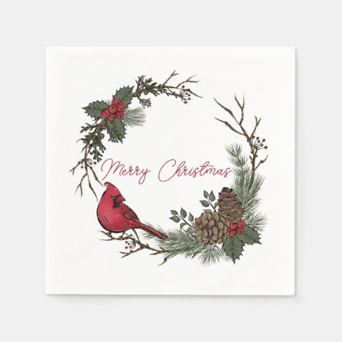 Merry Christmas Red Cardinal On A Branch  Napkins