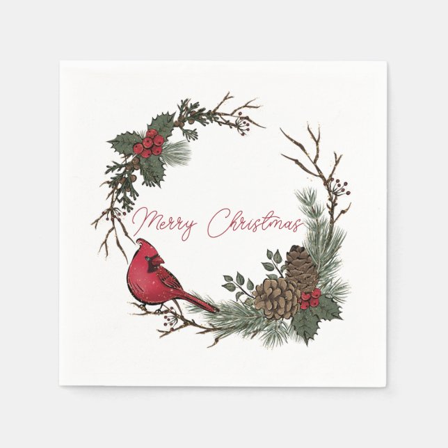 Merry Christmas Red Cardinal On A Branch  Napkins (Front)