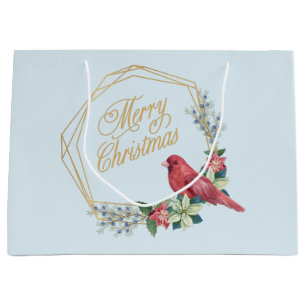 Merry Christmas Red Cardinal, Poinsettia, Berries  Large Gift Bag