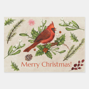 Merry Christmas Red Cardinal Wrapping Paper Sheets
