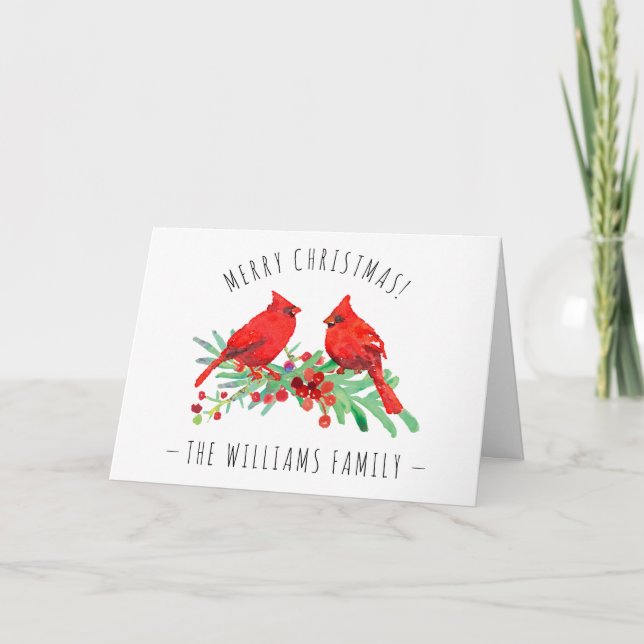 Merry Christmas Red Cardinals Holly Holiday Card (Front)