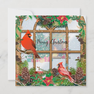 Merry Christmas Red Cardinals on Window Branches Holiday Card