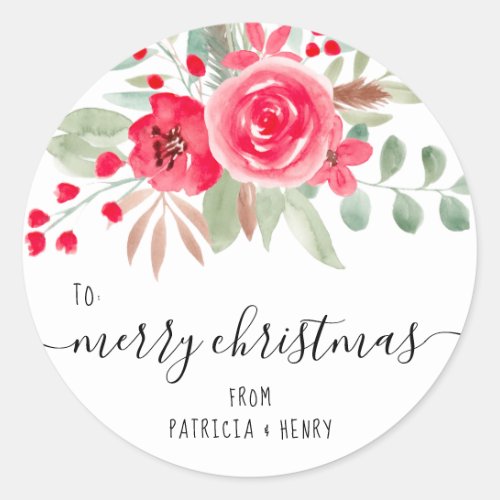 Merry Christmas red chic floral watercolor Classic Round Sticker