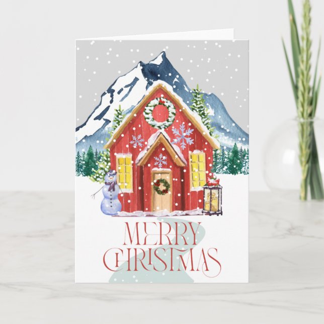 Merry Christmas Red Country House Mountain Snow  Holiday Card (Front)