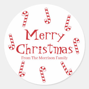 Merry Christmas red custom name candy cane favor Classic Round Sticker