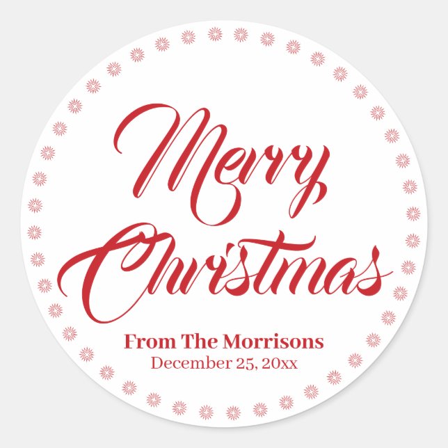Merry Christmas red custom script name favors Classic Round Sticker (Front)