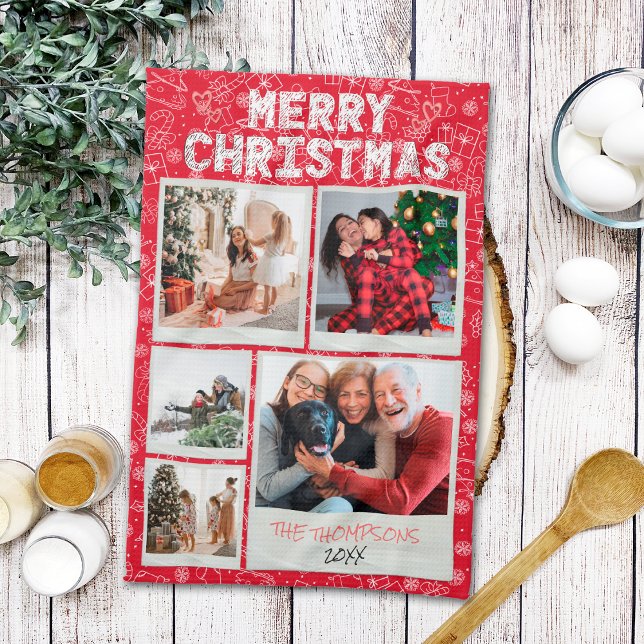 Merry Christmas Red Doodles 5 Photo Family Gift Kitchen Towel (Creator Uploaded)