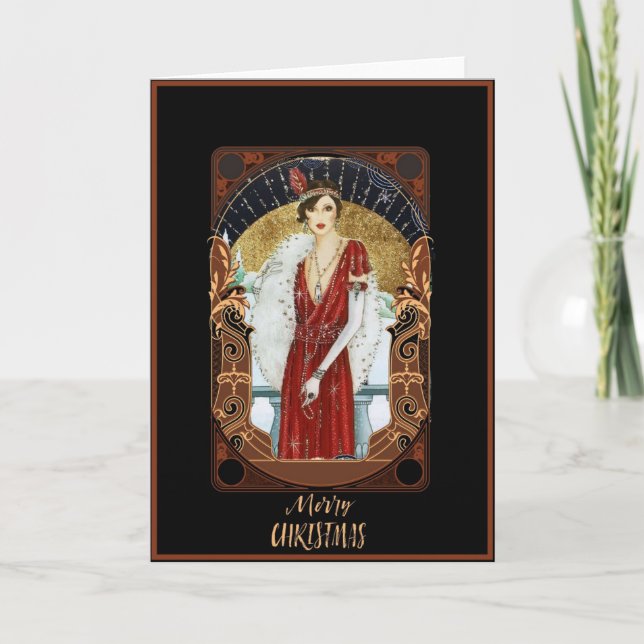 Merry Christmas Red Dress Vintage Lady Holiday Card (Front)