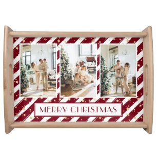 Merry Christmas Red Family Photo Collage Serving Tray