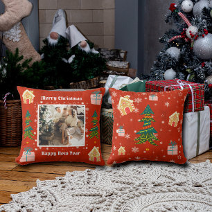Merry Christmas Red Family Photo Throw Pillow