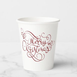 Merry Christmas Red Fancy Script Typography Paper Cups