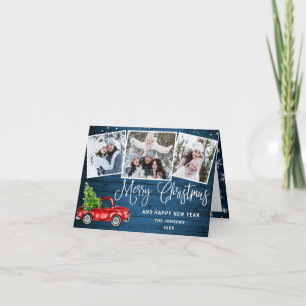 Merry Christmas Red Farm Truck 3 Photo Holiday Card