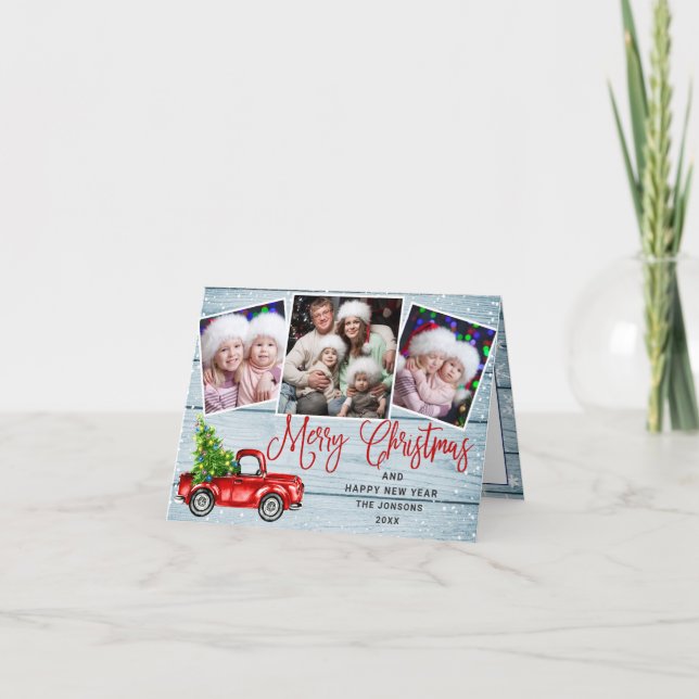Merry Christmas Red Farm Truck 3 Photo Holiday Card (Front)