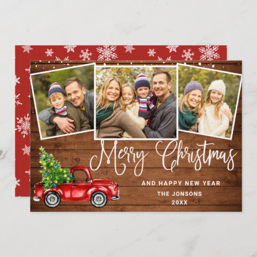 Merry Christmas Red Farm Truck 3 Photo Holiday Card
