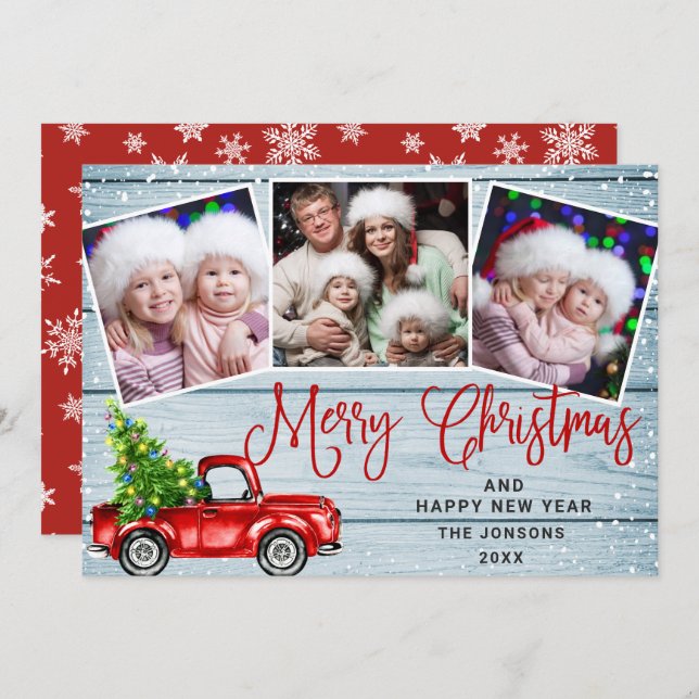 Merry Christmas Red Farm Truck 3 Photo Holiday Card (Front/Back)