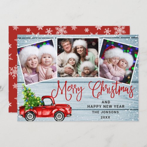 Merry Christmas Red Farm Truck 3 Photo Holiday Card
