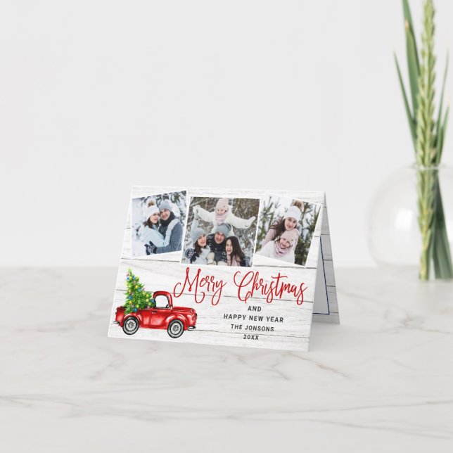 Merry Christmas Red Farm Truck 3 Photo Holiday Card (Front)