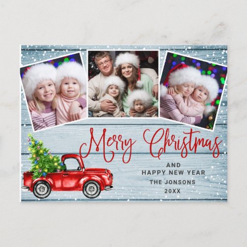 Merry Christmas Red Farm Truck 3 Photo Postcard