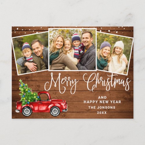 Merry Christmas Red Farm Truck 3 Photo Postcard