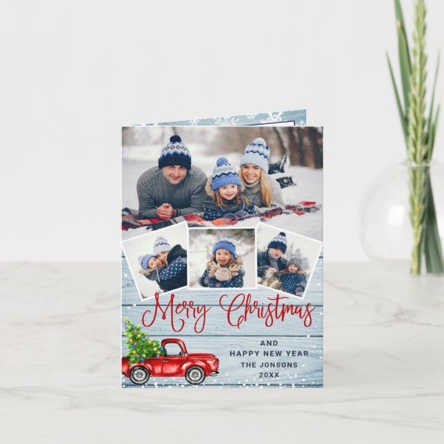 Merry Christmas Red Farm Truck 4 Photo Holiday Card (Front)