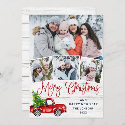Merry Christmas Red Farm Truck 4 Photo Holiday Card