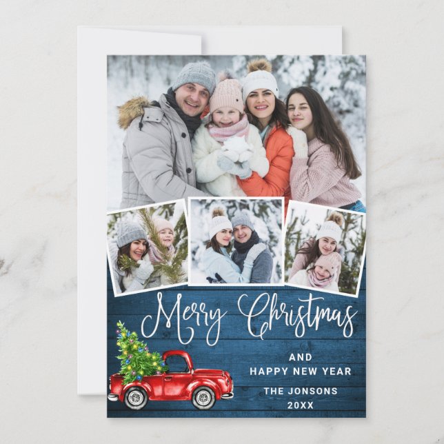 Merry Christmas Red Farm Truck 4 Photo Holiday Card (Front)