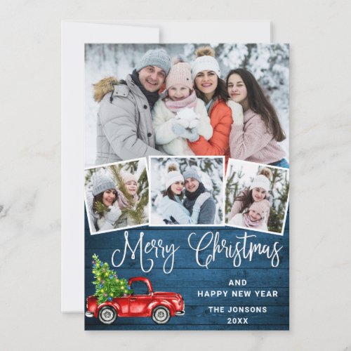 Merry Christmas Red Farm Truck 4 Photo Holiday Card