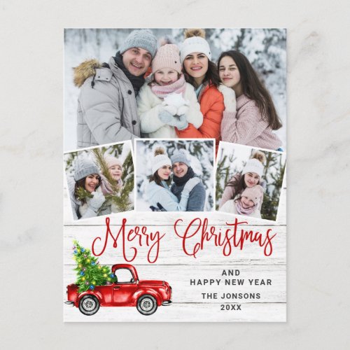 Merry Christmas Red Farm Truck 4 Photo Postcard